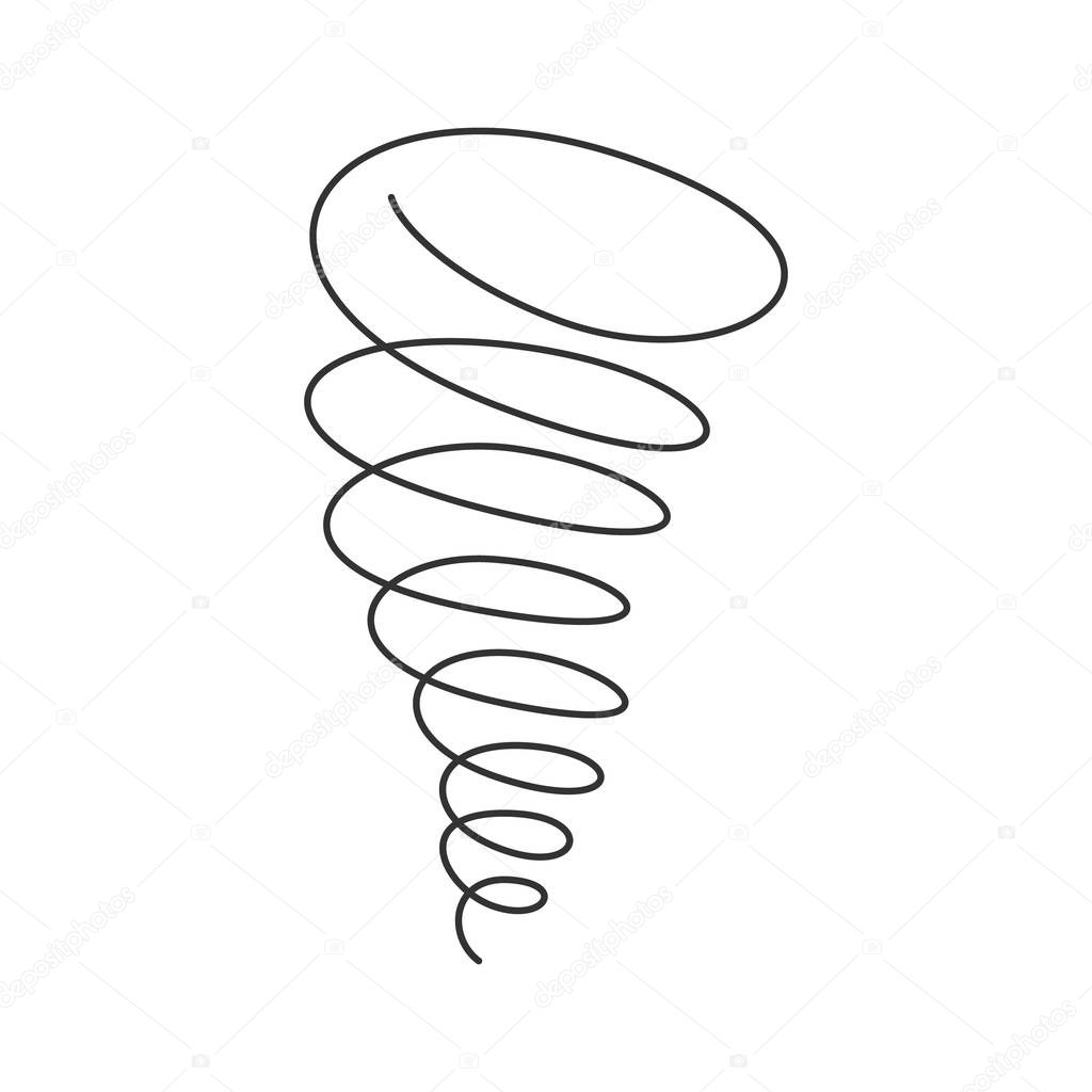 Tornado spiral continuous line with editable stroke isolated on white background. Simple abstract vector illustration of twister - natural phenomenon of hurricane with danger wind swirl.