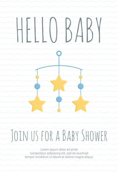 青い丸と黄色い星と携帯ベビーベッドで赤ちゃん少年到着とシャワー招待状テンプレート. — ストックベクタ