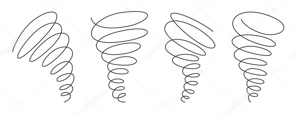 Tornado swirl continuous line with editable stroke isolated on white background - vector illustration set.