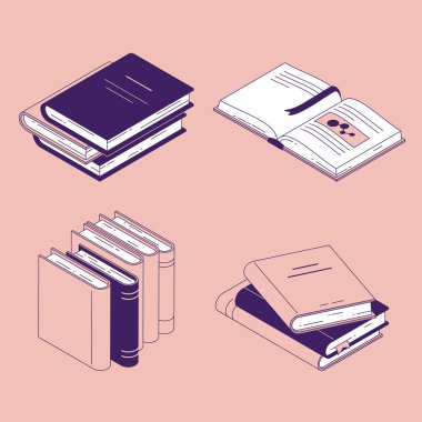 İzometrik kitap vektör illüstrasyon seti - izole kapalı ve açık kağıt edebiyat veya yer imleri ile günlük.