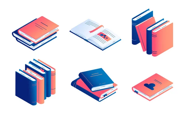 Isometric book vector illustration set - isolated closed and open paper literature or diary. — Stock Vector