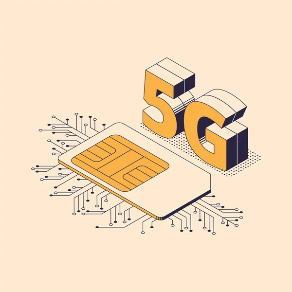 5G ilustrasi vektor isometrik seluler - generasi kelima koneksi internet dan kartu sim . - Stok Vektor