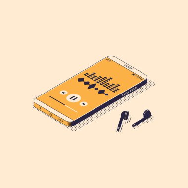Kablosuz kulaklıklı akıllı telefonun ekranında ekolayzırlı müzik uygulaması.