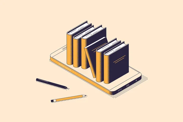 Online reading or electronic book store isometric concept with stack of books standing on smartphone screen. — Stock Vector