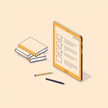 Online test veya sınav izometrik kavramı - dijital tablet ekranında onay kutuları ve onay işaretleri ile liste.