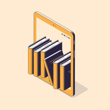 Online okuma veya eğitim biyometrik vektör illüstrasyon - dijital tablet içinde duran kağıt kitap yığını.