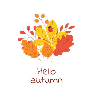 Beyaz arka plan üzerinde izole düz tarzda uğur böceği ile renkli sonbahar yaprakları ve meyveleri.