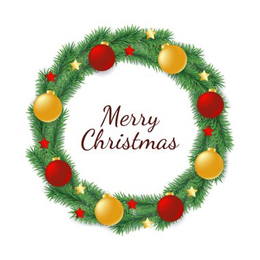 Toplar ve yıldızlarla süslenmiş çember şeklinde sonsuza dek yeşil ağaçtan yapılmış Noel çelengi..