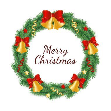 Yeşil ağaç dallarından yapılmış Noel çelengi çan, kurdele ve yıldızlarla süslenmiş daire şeklinde..