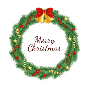 Yeşil ağaç dallarından yapılmış Noel çelengi çan, kurdele ve yıldızlarla süslenmiş daire şeklinde..