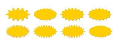 Yıldız patlaması sarı etiket seti - Oval satış şekilli Oval güneş patlaması etiketleri ve rozetlerin özel koleksiyonu.