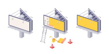 İlan panosu kurulumu izometrik vektör. Büyük şehir afişlerinin üzerine reklam yapıştırmanın çeşitli aşamaları..