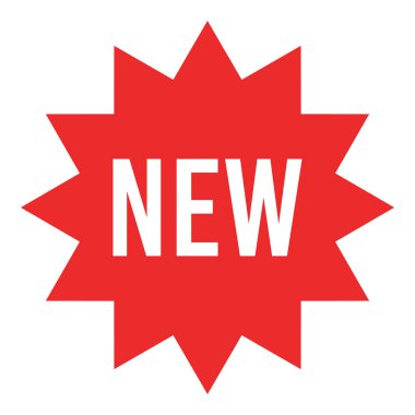 Yeni işaretli kırmızı yıldız patlaması etiketi - daire güneş ve yıldız patlaması rozetleri ve yeni ürünler hakkında yazılı etiketler.