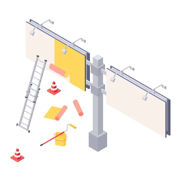 Illustrazione vettoriale isometrica dell'installazione di cartelloni pubblicitari - processo di incollaggio della pubblicità sul banner ooh della grande città. — Vettoriale Stock