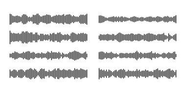Ses görüntüleme ve kayıt arayüzü için siyah dikey çubuklu Podcast ses dalgası desenleri. Müzik veya ses ekranı için dijital frekans çizgileri. Ortam oynatıcı tasarımı için eşitleyici grafikler.
