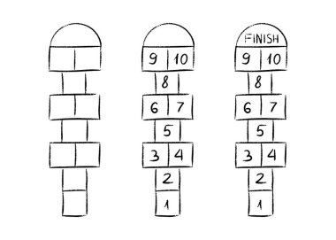 Hopscotch game chalk drawing on playground street for school children hop and scotch activity. Classic outdoor jumping pattern with finish marker at top. Traditional kids recreation design.