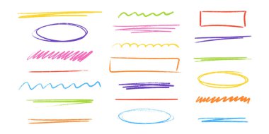 Colorful hand drawn line with pencil, crayon or pen stroke marks for underline emphasis in text design. Waves, ovals and rectangles with scribble texture for highlighting. Decorative elements set