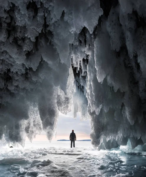 Egy barlangban egy ember sziluettje borított kék jég és jégcsapok Stock Kép
