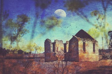 Historic abandoned St Marys Church ruins. Grunge textured digital photo manipulation. Yarra, near Goulburn, NSW, Australia clipart