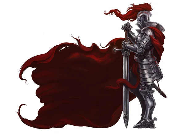 Cavaleiro Medieval Com Espada Comprida Guerreiro Forte Manto Vermelho — Fotografia de Stock