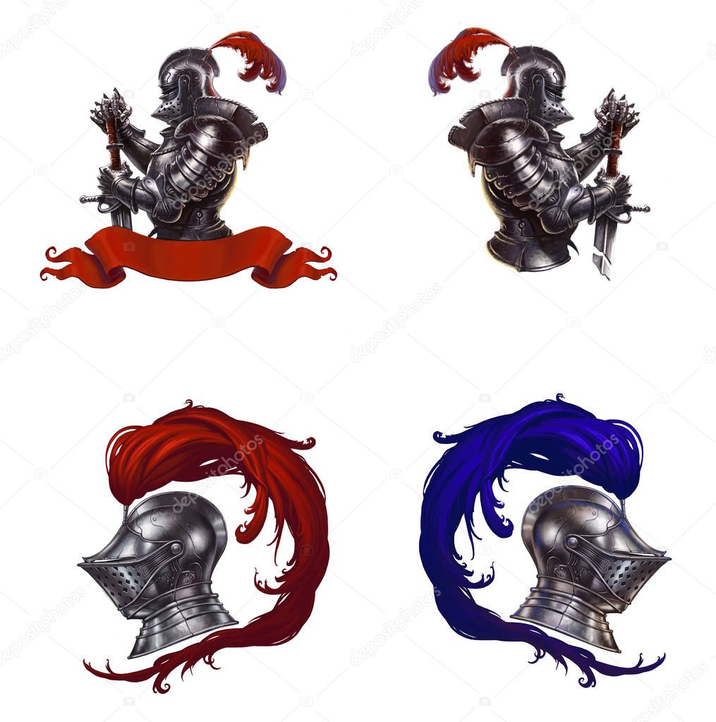 Knight's Helmet with Red Feathers. Realistic isolated illustration. Logo dark era of the knight on a white background.