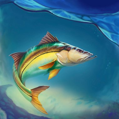 Snook Yaygın Balık Derinlemesine Gerçekçi Resmetme Göre Suda Yayılıyor.