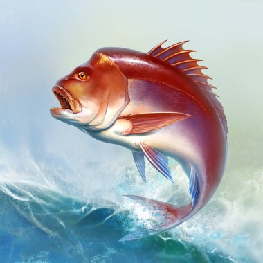  Snapper kırmızı büyük balık açık denizde dalgaların arasından atlıyor gerçekçi bir illüstrasyon.