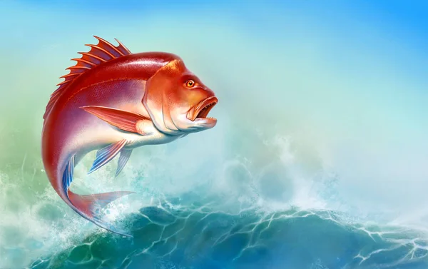 Snapper red big fish jumps out of the waves in the open sea realistic illustration. Place for text.