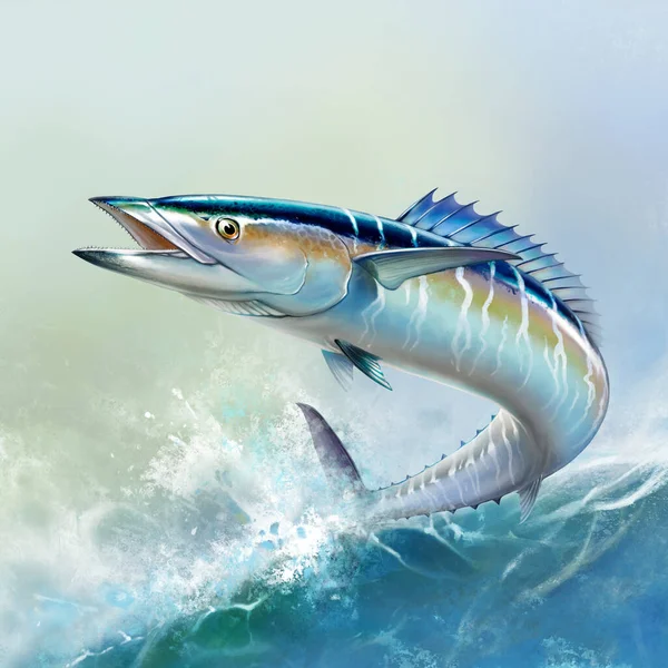 Spanska Makrill Stor Fisk Bakgrunden Vågorna Realistisk Illustration Stor Makrillfisk — Stockfoto