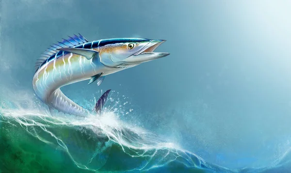 Spaanse Makreel Grote Vis Achtergrond Van Golven Realistische Illustratie Een — Stockfoto