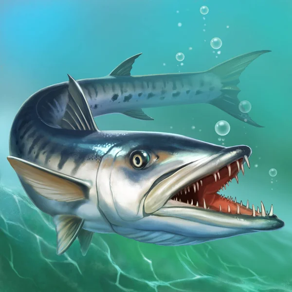 Great Barracuda Ocean Water Realistic Illustration Place Text Great Seater — Stock Photo, Image