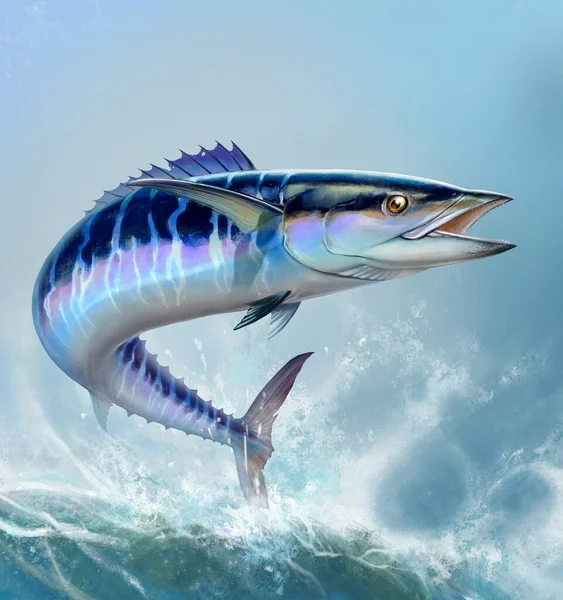 西班牙蓝鱼哇呼深蓝色的大鱼白色现实的例子 海洋大型鲭鱼绿色食肉鱼 嘴张开 波面呈正方形 — 图库照片