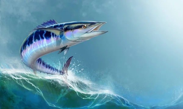 Spansk Makrill Wahoo Mörkblå Fisk Stor Fisk Vit Realistisk Illustration — Stockfoto