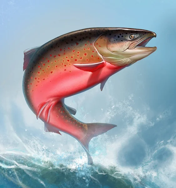 Atlantic salmon or pink salmon background on waves realismc illustration. Red salmon. Fishing on the river northern fish. Brown trout square format. — Stock Image Atlantic Salmon Pink Salmon Background Waves Realismc Illustration Red Salmon Stock Image