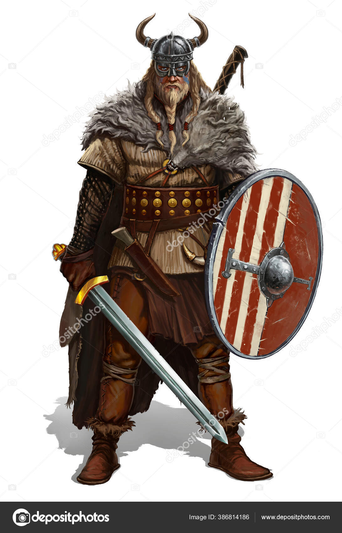 白の写実的なイラストに剣と盾でバイキング 肩に狼の皮を被った角のついたヘルメットと丸盾を持つバーバリアン — ストック写真 ©  sproutnft@gmail.com #386814186, image size:1091x1700