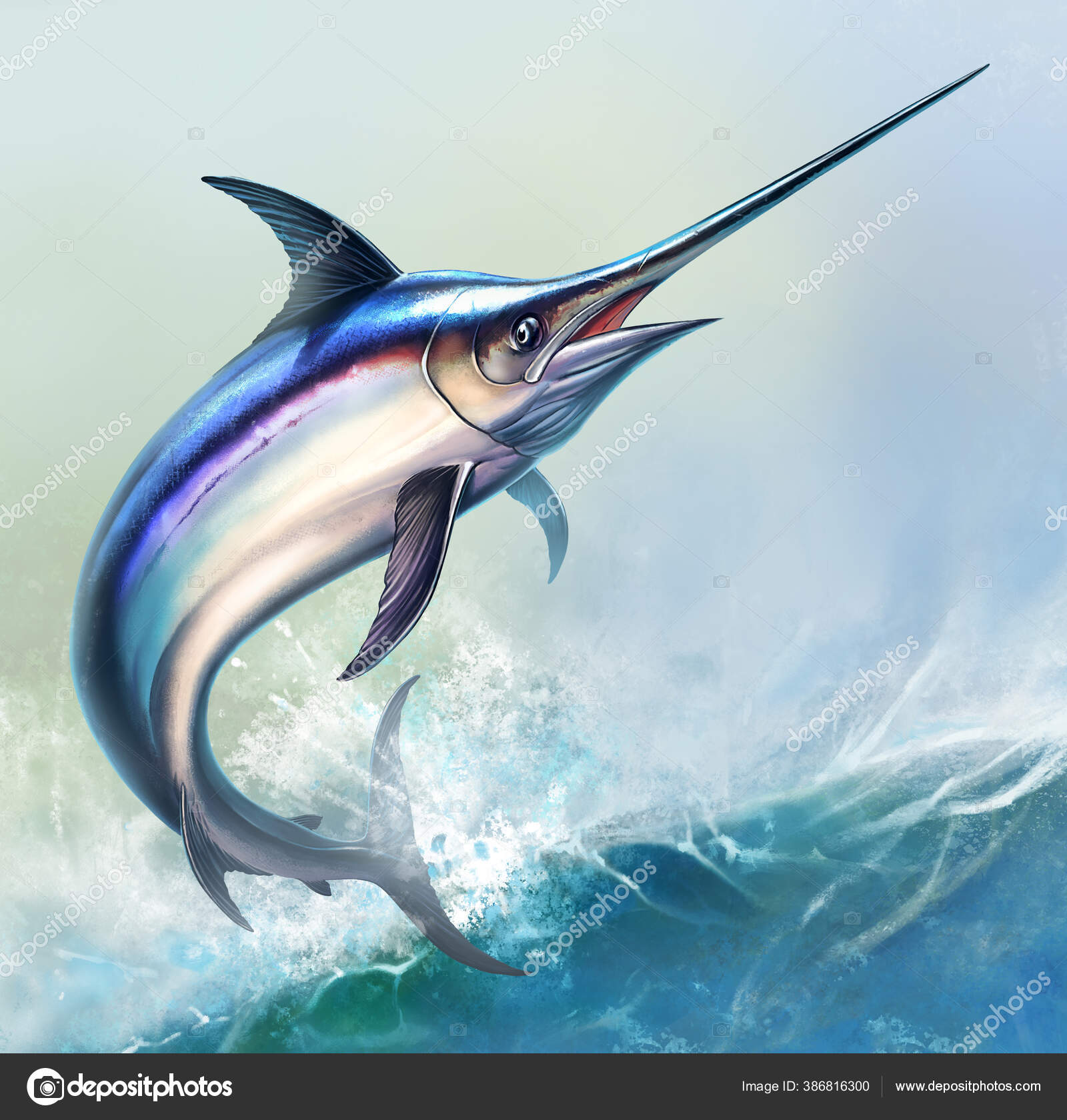 Swordfish Ocean Waves Background Marlin Jumps Out Stock ...