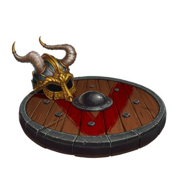Viking miğferi yuvarlak kalkanda. Barbar boynuzlu miğfer ve yuvarlak logo kalkanı gerçekçi çizimleri izole eder..
