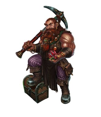 Kazmalı cüce ve beyaz elmaslı. Gerçekçi fantezi illüstrasyonu.