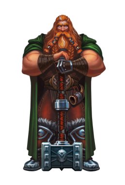 Çizgi filmdeki kızıl saçlı Viking çift elli çekiçle. Viking komik karikatür çizimi izole edildi.