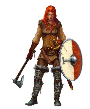 Kılıçlı, baltalı, kalkanlı ve gülümseyen kızıl saçlı Viking kız. Gerçekçi illüstrasyon izole edildi. Boynuzlu miğfer takan Viking barbar kız..