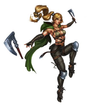 Beyaz arka planda iki baltalı kız viking katili. Gerçekçi illüstrasyon izole edildi.