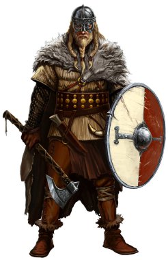 Beyaz baltalı ve kalkanlı Viking. Viking savaşçısı erkek.