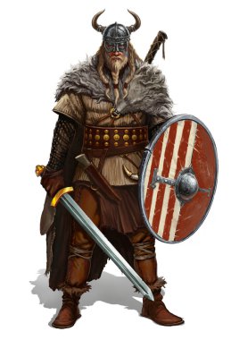 Beyaz gerçekçi resimde kılıçlı ve kalkanlı Viking. Boynuzlu miğferli bir barbar. Omzunda kurt derisi ve yuvarlak bir kalkan var..
