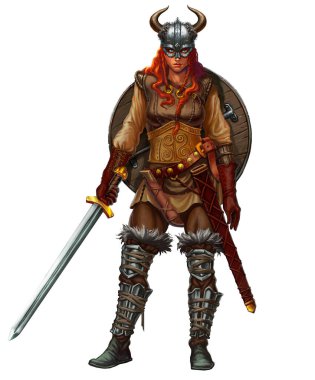 Kız Viking savaşçısı, kılıç, kalkan ve kızıl saçlı, gülümseyen. Gerçekçi izole bir illüstrasyon. Boynuzlu miğfer takan Viking barbar kız..