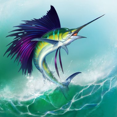 Beyaz üzerinde yelken balığı. Çizgili büyük kılıçbalığı. Spor balıkçılığı.