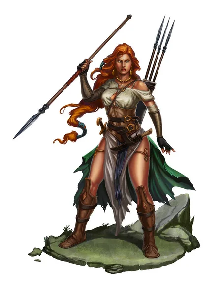 红头发的女战士带着长矛在岩石上 野蛮人投掷者飞镖和长矛女战士图例隔离现实主义 — 图库照片