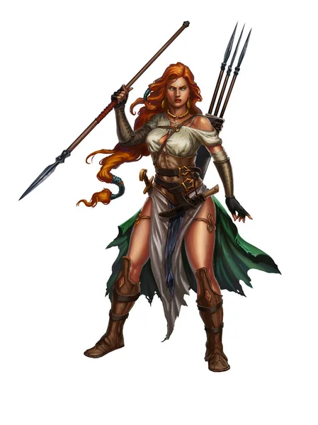 Red Haired Girl Warrior Spear Rock Barbarian Thrower Darts Spears — Stock Photo, Image