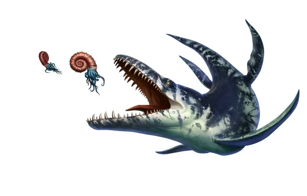 Kronosaurus Var Marin Reptil Jagar Ammonit Forntida Marin — Stockfoto