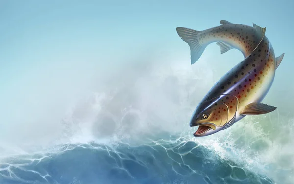 彩虹鳟鱼背景真实的例证 鳟鱼的美味 波浪背景下的野生河鱼是文本的写照 — 图库照片