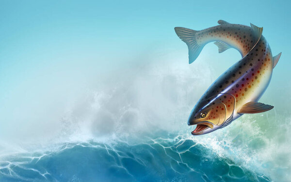 Rainbow trout fish on background realistic illustration. Trout delicacy. Wild river fish on the background of waves a realistic illustration of a place for text.